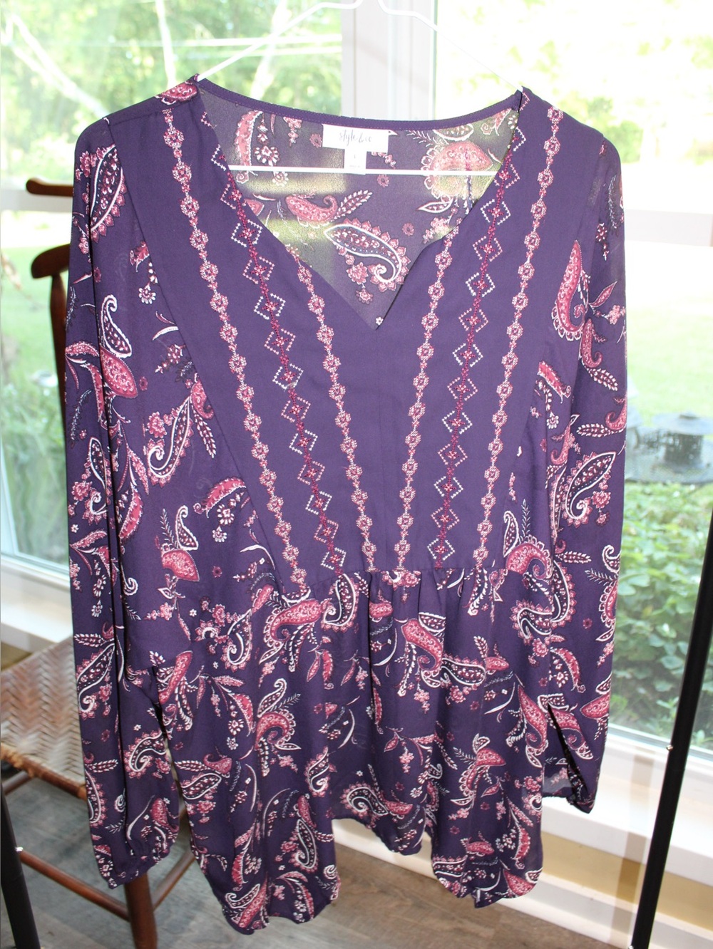 Style & Co Paisley Peplum Blouse Women’s Large Purple Boho Long Sleeve